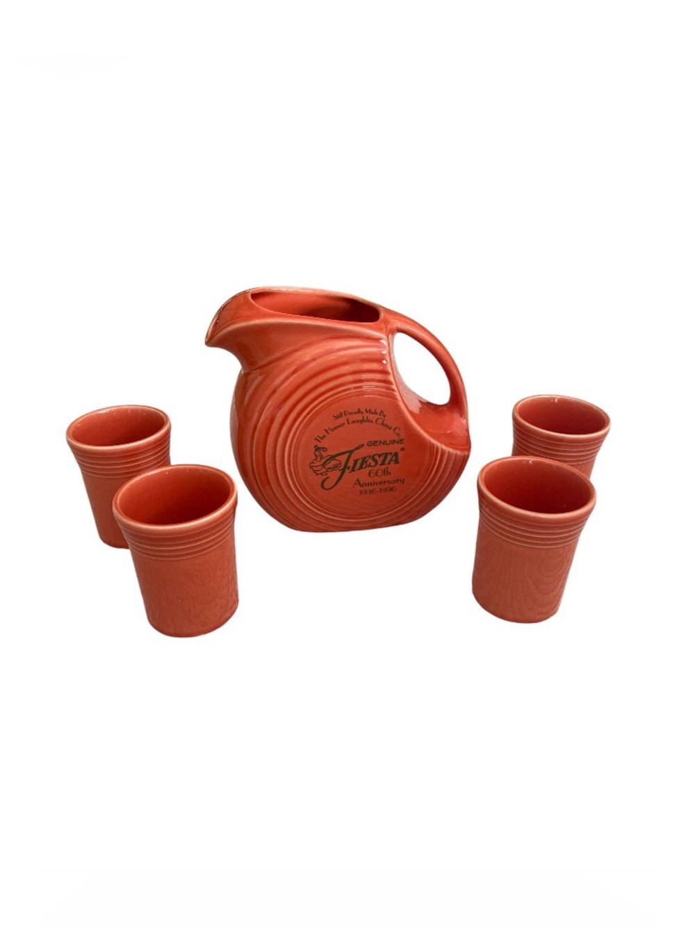 Fiestaware 60th Anniversary retired Persimmon color disk pitcher four tumblers